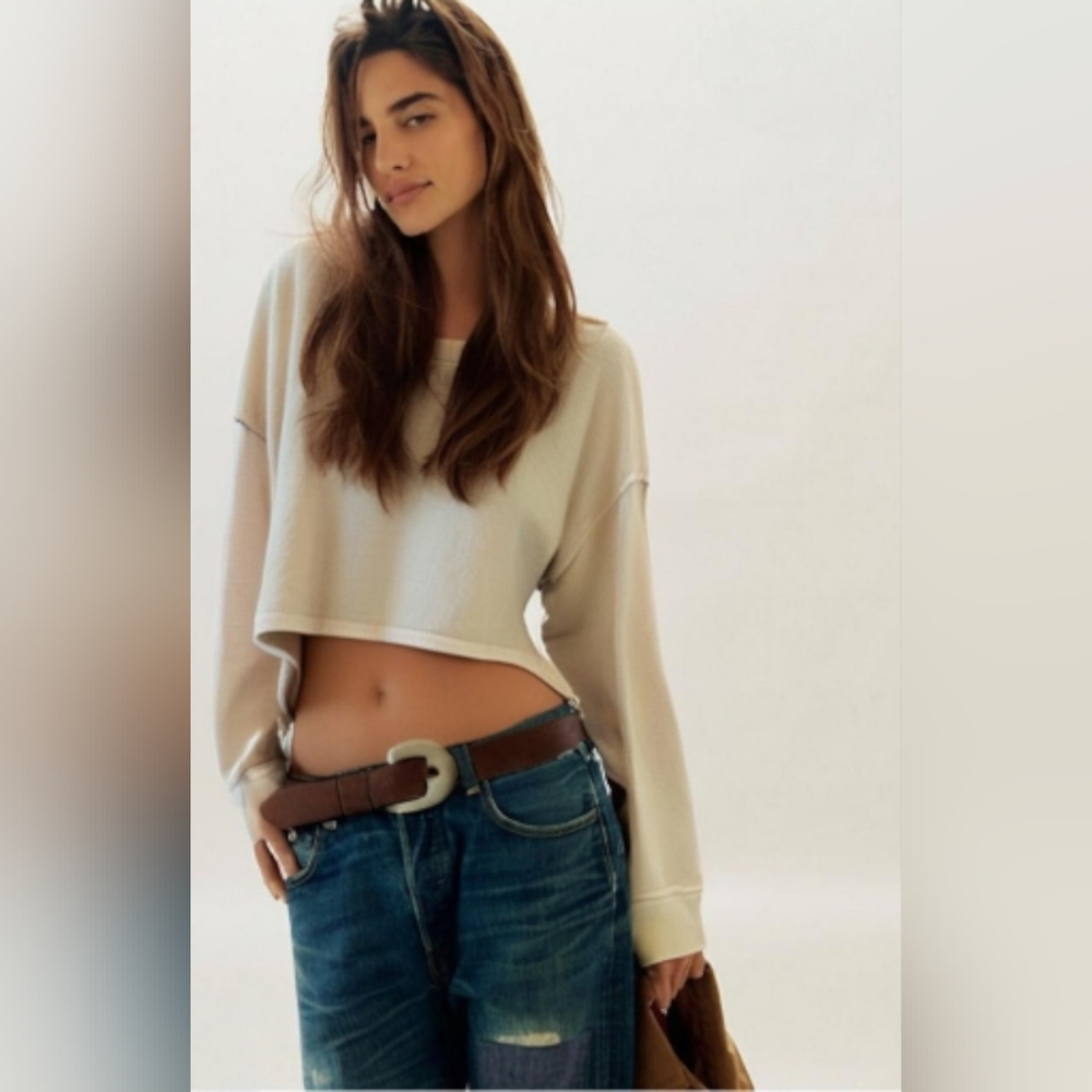 We The Free by Free People Thermal-Sleeve Cropped Pullover-Cream